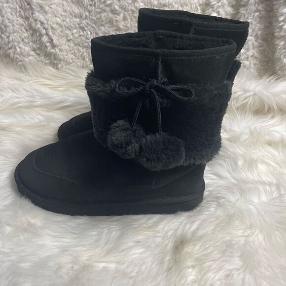 UGG leather suede furry slip on boots with pompom bow accent SZ9 - Picture 1 of 12